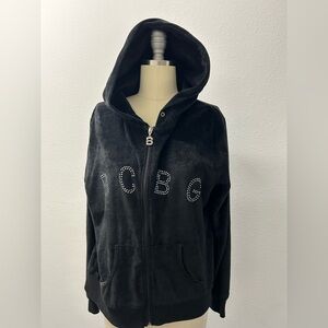 BCBGMaxAzria Black velour rhinestone hoodie with Label Detail